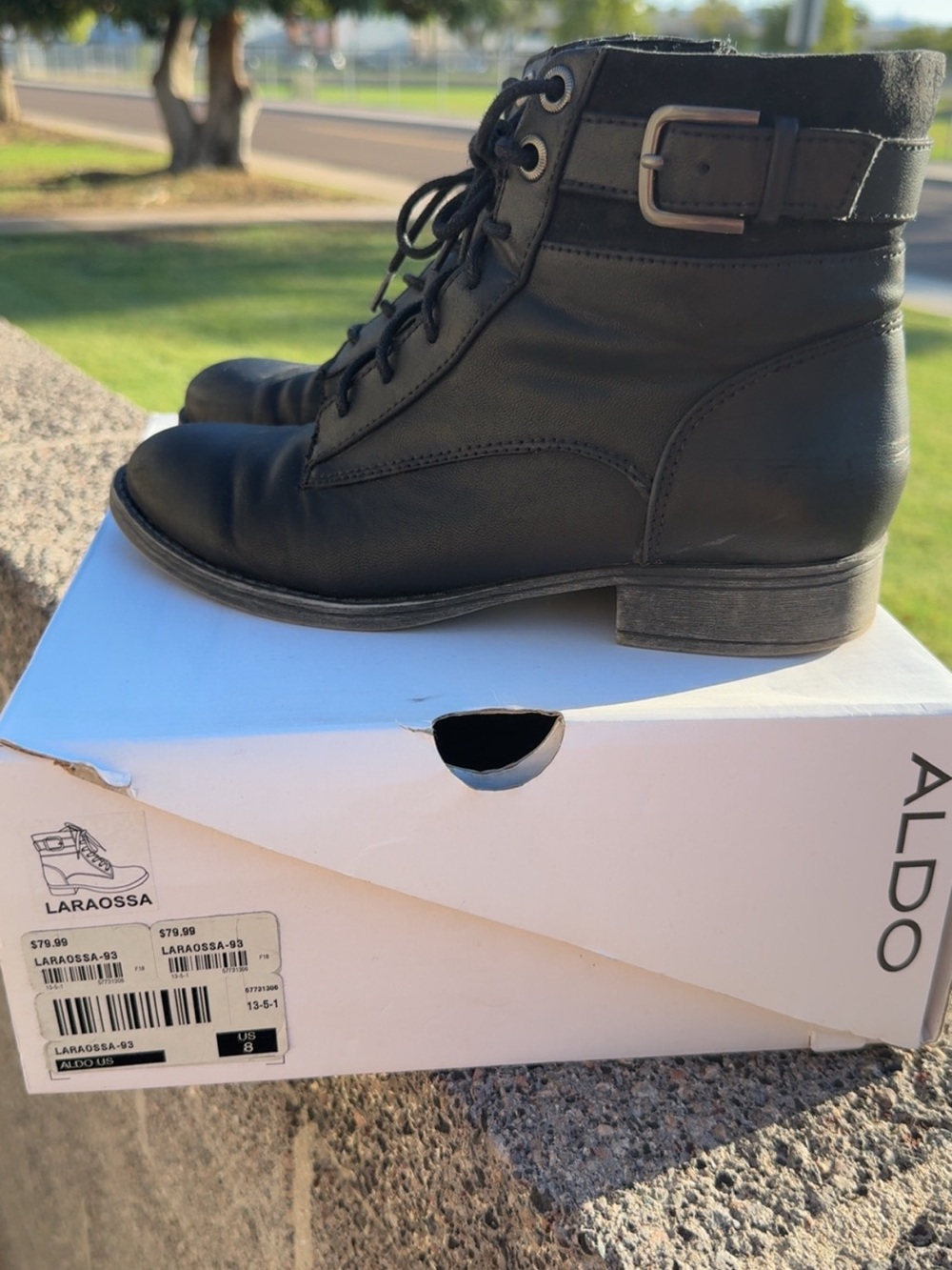 Aldo Black Lace-Up Combat Boots with Buckle
